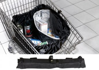 Bevásárlókocsiba akasztható, kis méretre összehajtható táska beépített hűtőrekesszel
