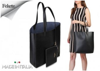 Made in Italia Amanda, márkajelzéssel díszített, női nagyméretű bevásárló bőr táska fekete színben