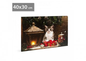 Karácsonyi LED-es hangulatkép - fali akasztóval, 2 x AA, 40 x 30 cm - cica