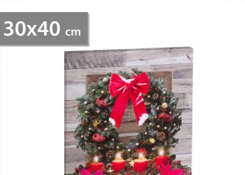 Karácsonyi LED-es hangulatkép - fali akasztóval, 2 x AA, 30 x 40 cm Koszorú